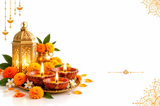 Diwali celebration background with glowing lantern, clay diyas, marigold flowers, and golden rangoli on white with copy space
