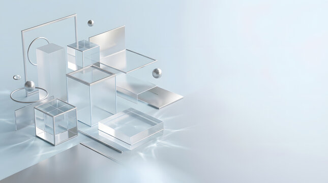 Abstract composition of glass cubes and silver spheres on light