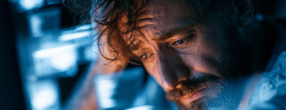 Exhausted man staring at a computer monitor with floating task windows  