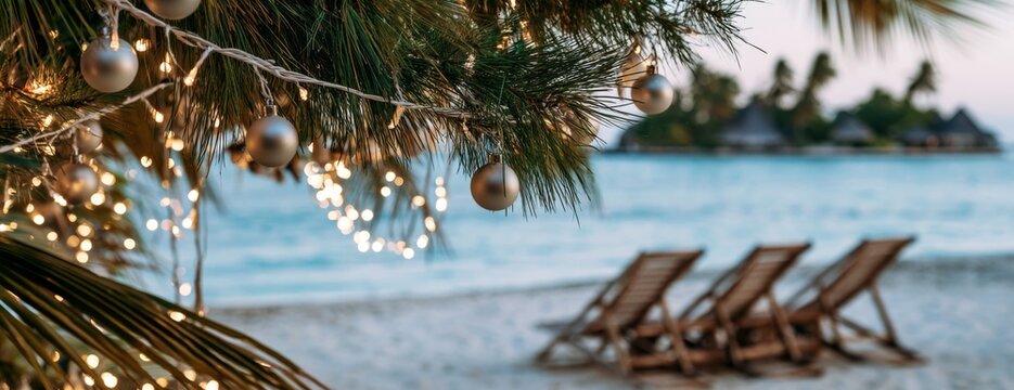 Beach chairs with Christmas decorations under palm tree by the ocean  