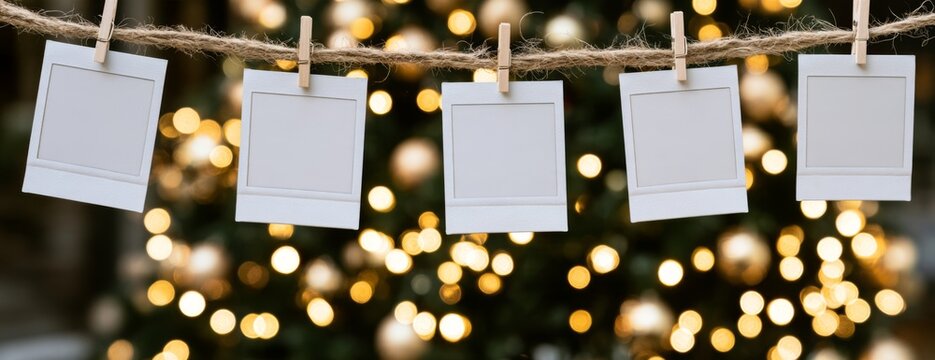 Empty photo frames mockup hanging on a string with Christmas lights background  