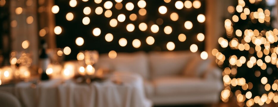 Blurred Christmas table setting with candles and lights in a cozy room  