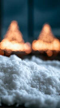 Blurred close-up of snow with Christmas trees lights in background, vertical photo  
