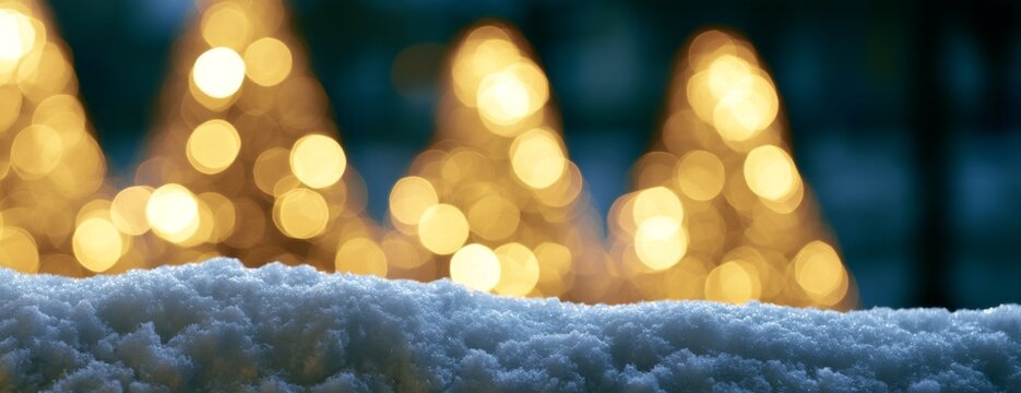 Blurred Christmas trees with lights against a snowy background  
