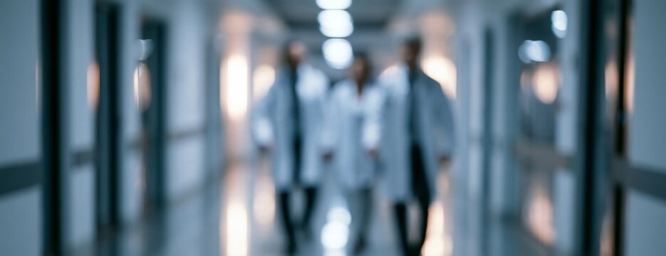 Blurred doctors walking in a hospital corridor with bright lighting  