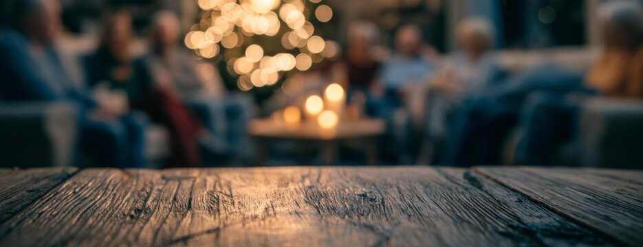 Blurred family and friends relaxing together on sofa during Christmas holiday