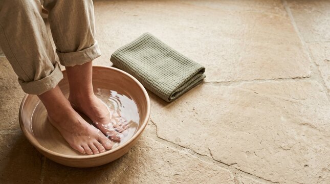 Person soaking feet in terracotta water basin with towel