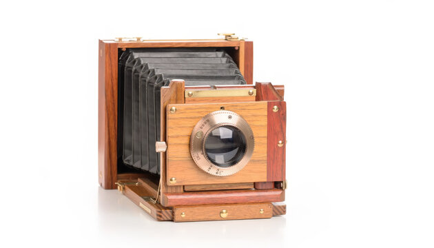 A vintage wooden folding camera with a bellows lens on white background.