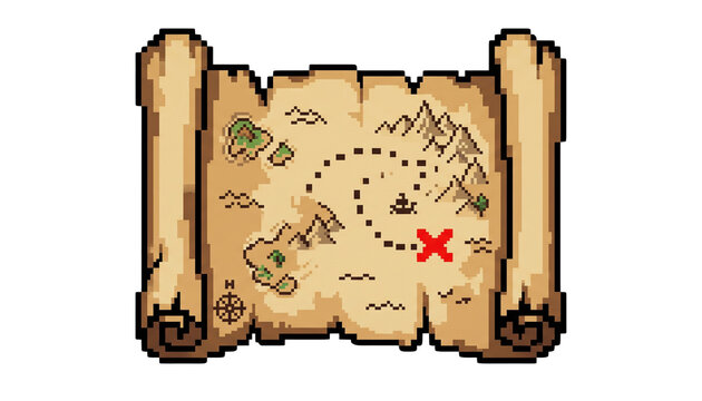 Retro 8-Bit Pixel Art Treasure Map Quest Game Asset Isolated