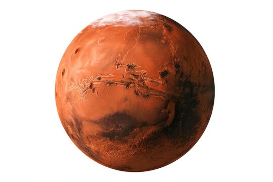 A detailed image of planet Mars showing its reddish surface, craters, and the Valles Marineris canyon system.