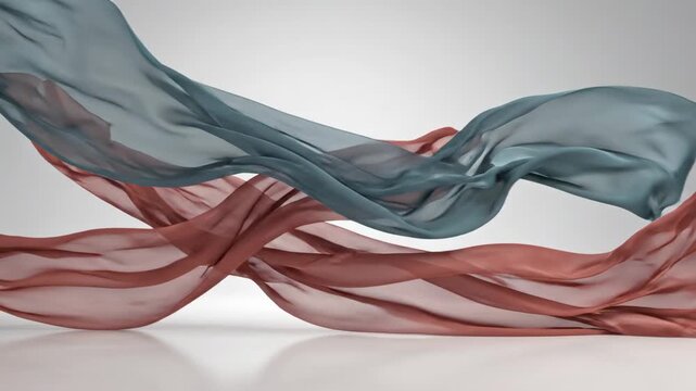 Flowing Fabrics in Soft Blue and Red Draping Across a Minimal Studio