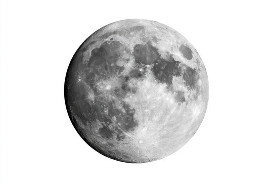 A detailed grayscale photograph of the full moon showing its craters and surface textures against a white background.