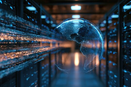 A digital globe with glowing network connections floats inside a data center filled with servers, symbolizing global data flow and internet connectivity.
