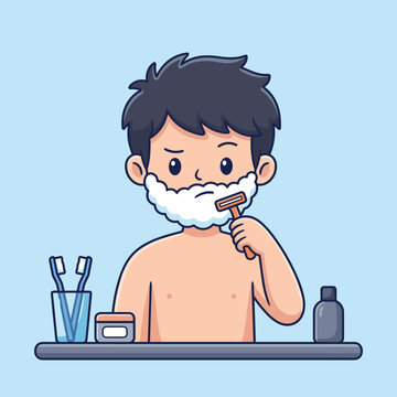 Young man shaving beard with razor in bathroom