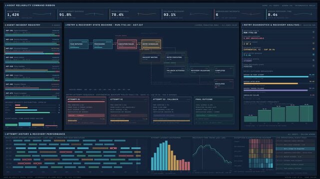 Autonomous AI agent reliability monitoring dashboard visualizing retry attempts, exponential backoff, and recovery outcomes in a sophisticated dark interface.