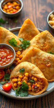 bhel puri, crispy fried puris filled with spiced potato and chickpea filling, spices, potato