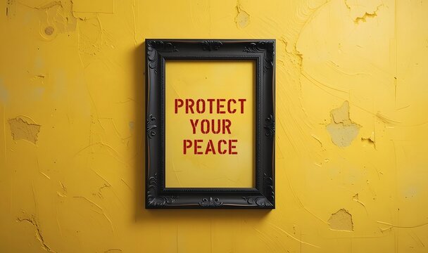 Photo frame on yellow wall with typography PROTECT YOUR PEACE, to get real about negative things that affect you and take action to reduce them from life