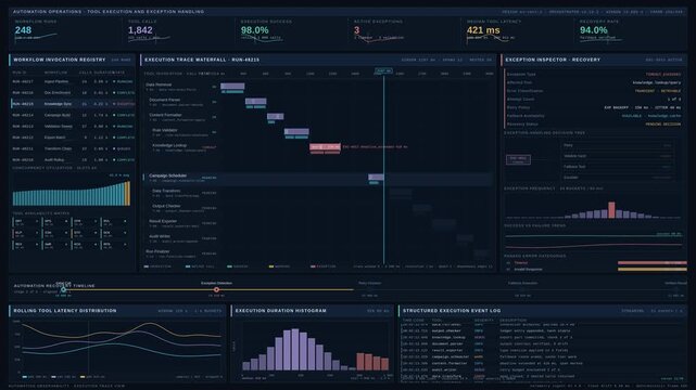 Enterprise AI automation dashboard showing real-time tool execution, workflow exception handling, and fallback recovery in a dark mode 4K interface with cyan and amber status indicators.