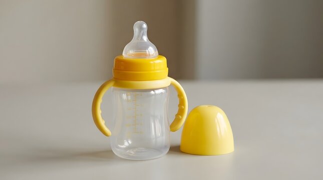 yellow and clear baby bottle with handles, nipple, and cap on a neutral backdrop