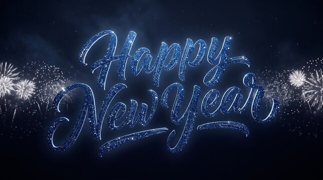 Happy new year blue glitter text with fireworks