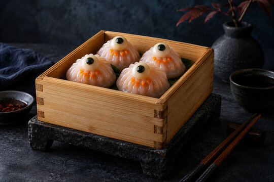 Monster Face Dim Sum Dumplings in Bamboo Steamer
