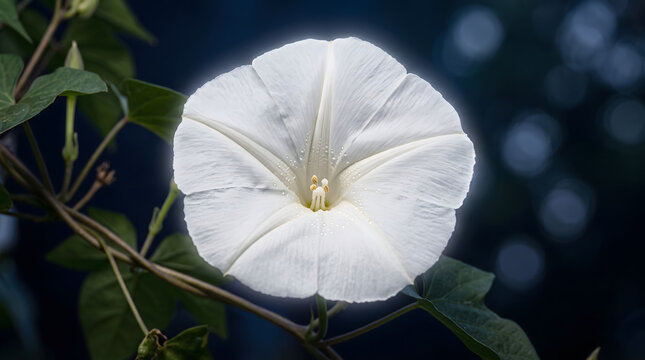 Closeup of a delicate white morning glory flower blooming in nature.