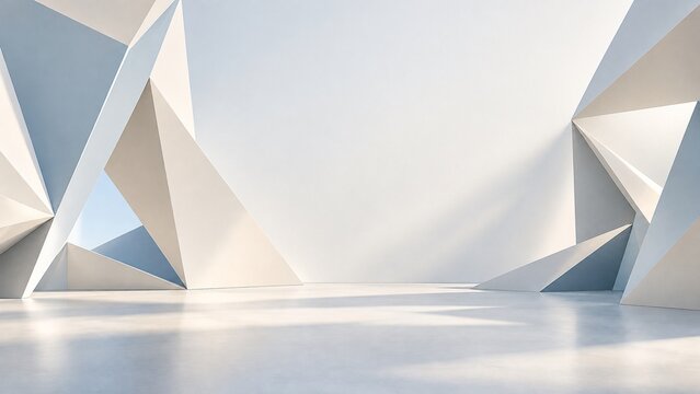 Blue and ivory angular planes meet at precise vertices around an open central wall.