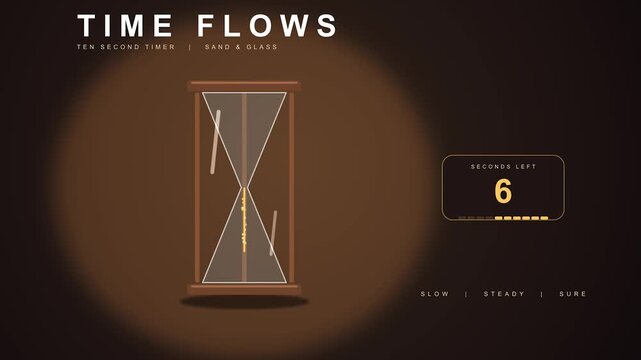 Hourglass timer showing sand falling in cinematic motion with warm spotlight and subtle countdown