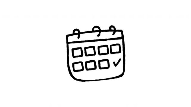Animated doodle icon of a monthly planner calendar grid with checked date boxes.