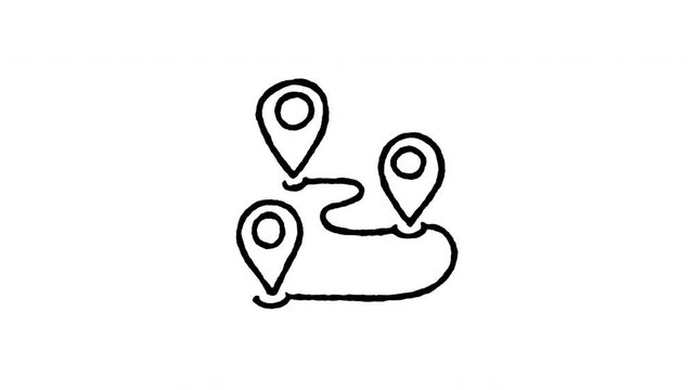 Animated doodle icon of multiple map pins along a curved delivery route path.