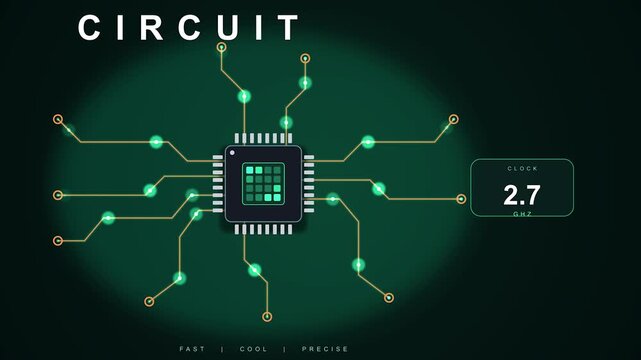 Processor chip growing connections in digital circuit with glowing green light and data flow