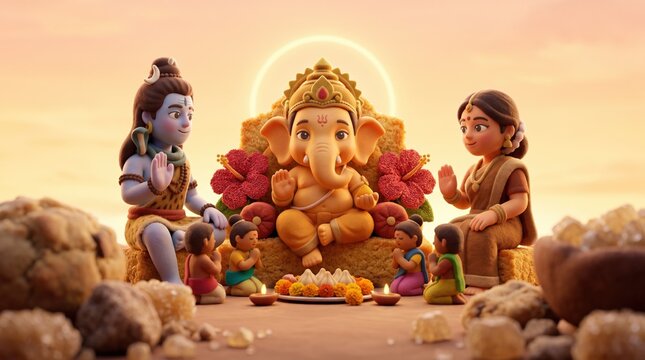 3D Baby Ganesha First Worship on Throne with Shiva Parvati