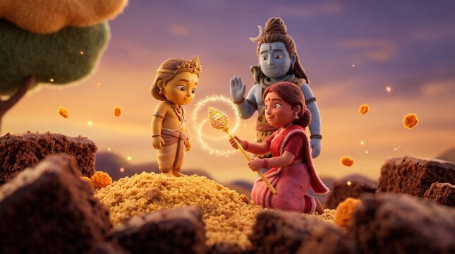 3D Parvati Gifts Golden Vel to Kartikeya as Shiva Blesses