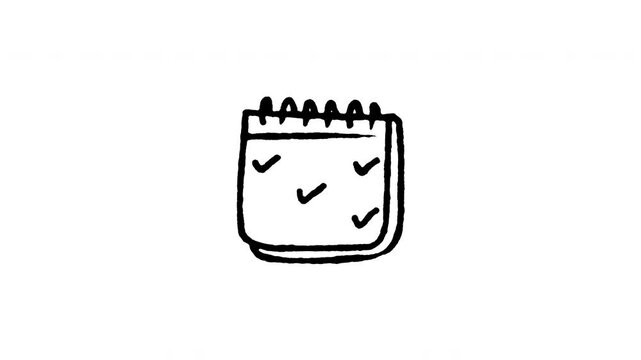 Animated doodle icon of a spiral bound calendar notebook with a completed checkmark.