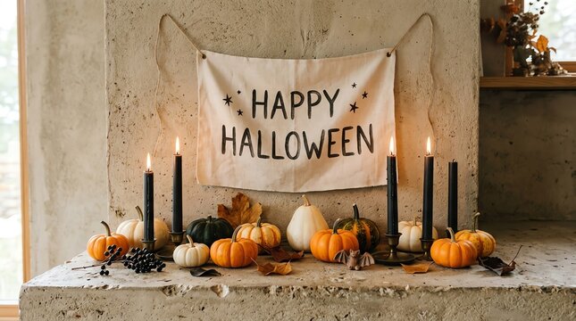 Festive Halloween Decoration with Pumpkins and Candles on a Mantelpiece