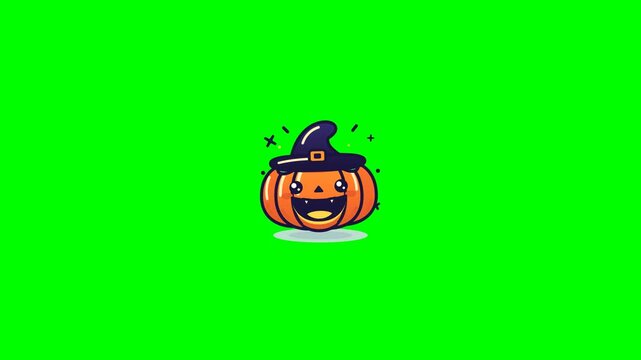 Premium seamless looping motion graphics of an adorable kawaii Jack-o'-Lantern pumpkin wearing a purple wizard witch hat, leaping joyfully with glowin.
