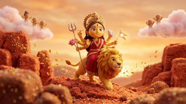 3D Goddess Durga on Lion Over Red Rocks with Cheering Devas