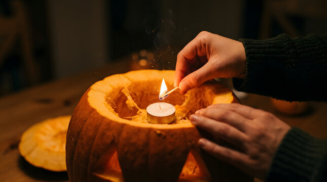 Close Up Hands Lighting Candle Inside Carved Halloween Pumpkin Background
