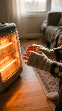 Close Up Hands Warming Up in Front of Glowing Electric Heater