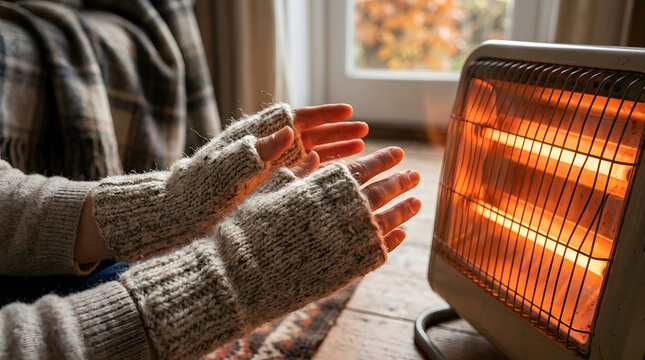 Close Up Hands Warming Up in Front of Glowing Electric Heater