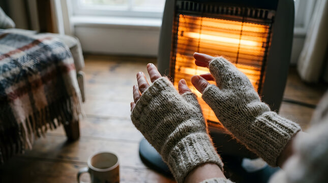 Close Up Hands Warming Up in Front of Glowing Electric Heater