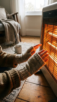 Close Up Hands Warming Up in Front of Glowing Electric Heater