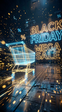 Glowing Neon Shopping Cart in Dark Space Black Friday Promotion Background
