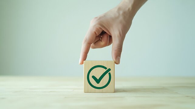 Hand places a wooden cube with a vibrant green checkmark, symbolizing successful completion, task validation, quality assurance, and a positive affirmation