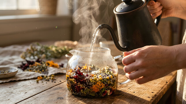 Close Up Hands Pouring Hot Water into Glass Teapot with Dried Herbs