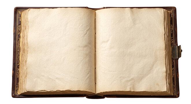 Vintage antique open book with blank old parchment textured pages and ornate leather cover isolated on transparent background, old journal diary grimoire blank pages