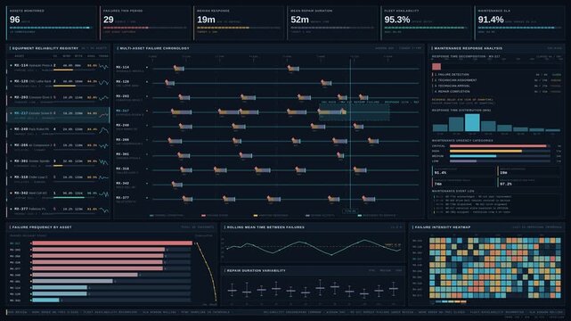 Premium 4K industrial machine reliability dashboard tracking failure frequency, maintenance response times, and asset performance with detailed analytics and dark UI.