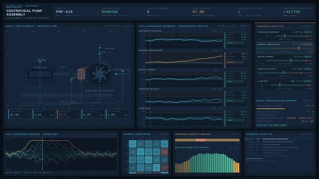 Cinematic industrial digital twin dashboard comparing live pump telemetry against operating thresholds with animated schematics, charts, and condition analytics in dark 4K style.