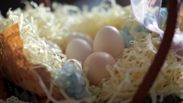 Easter eggs in straw nest, home dining table, Japan, Kyoto
