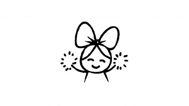 Animated doodle icon of a cute cheerleader girl face wearing a large hair bow ribbon.